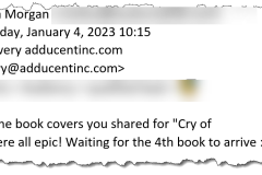 Viewer comment on new cover designs for one of our fiction series projects.