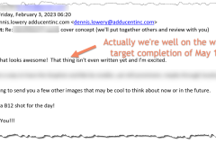 Story development consulting client comment about first cover concept.