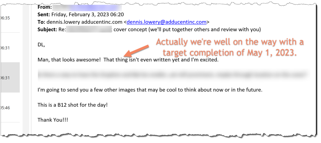 Story development consulting client comment about first cover concept.
