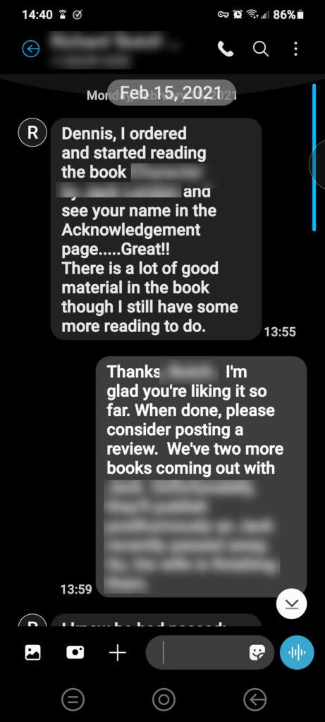 When a client sees your name mentioned in another client’s book (10,000+ copies sold to date) and lets you know. Parts redacted because of confidentiality.